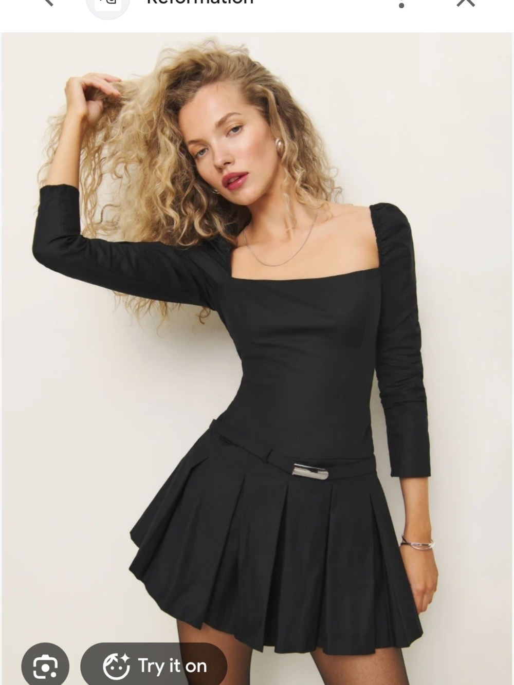Reformation Black Square-Neck Pleated Mini Dress with Long Sleeves